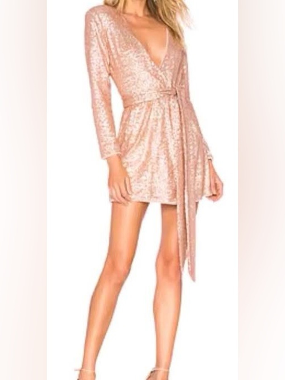 NBD Champagne Sequin Long Sleeve Wrap Mini Dress, NWOT
